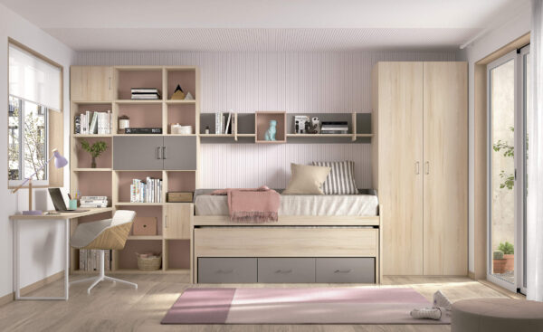 Dormitorio w-015 Ámbar, gris y rosado.