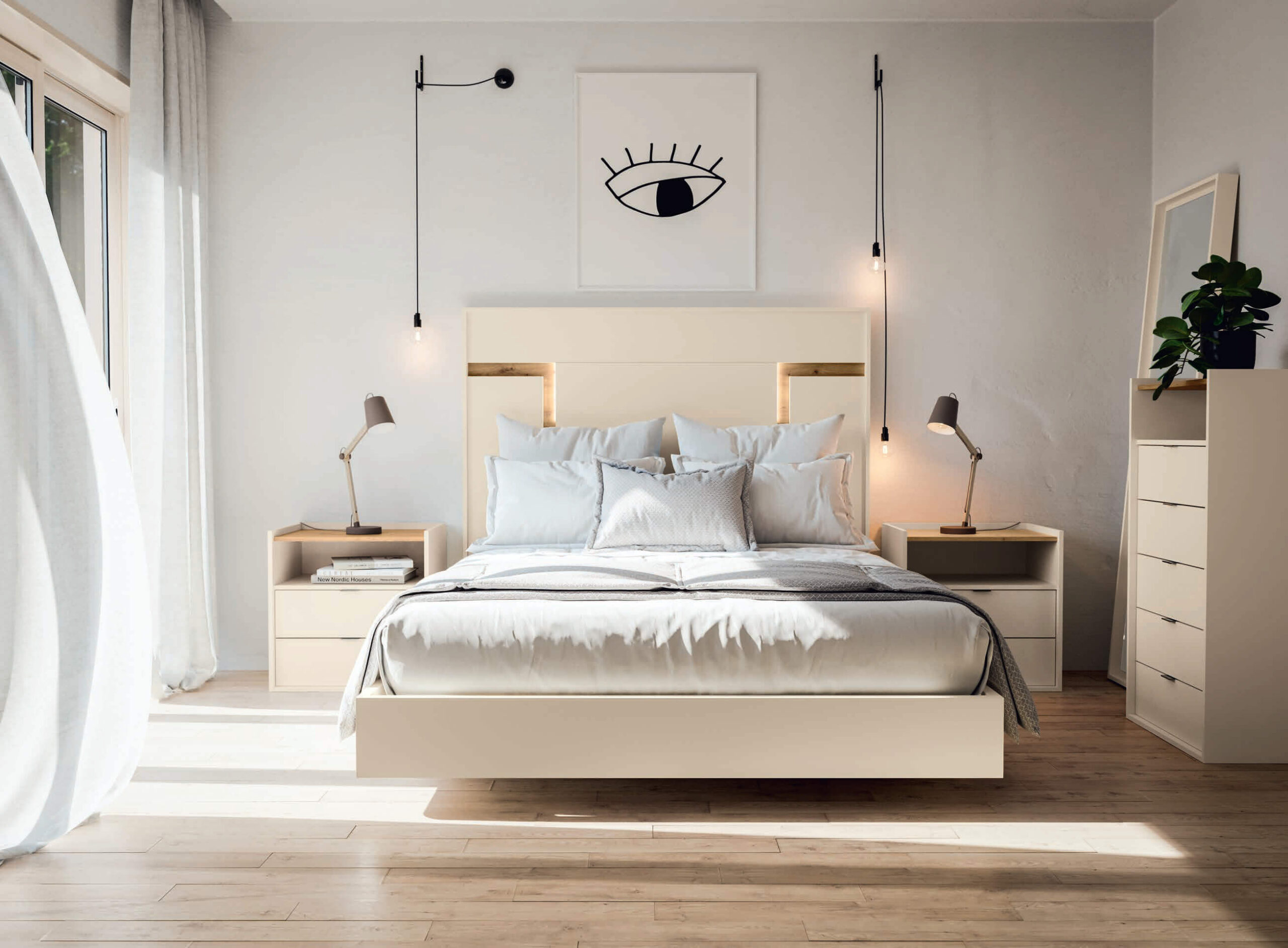 Composición dormitorio cama, mesitas y sinfonier color naturale