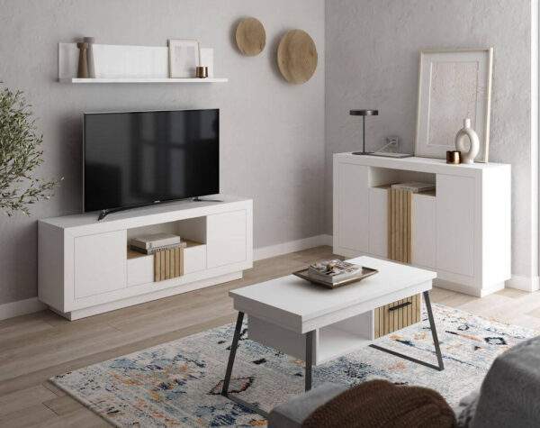 Mueble de salón blanco y rayado