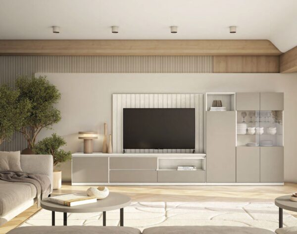 Mueble de salón moderno con vitrina y panel TV
