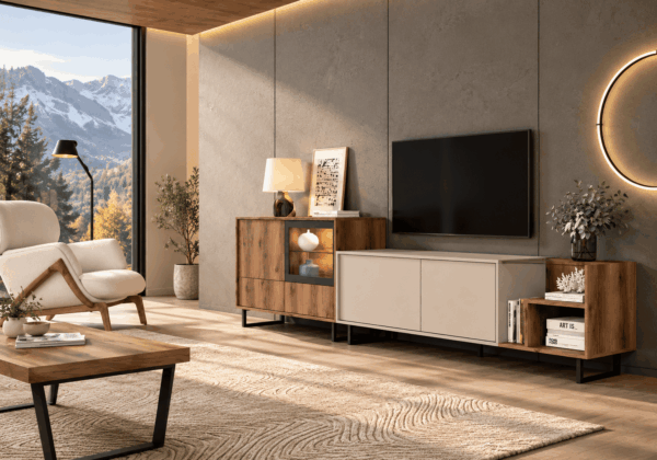 Mueble de salón moderno de 316 cm con vitrina y mueble TV
