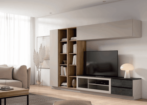 Mueble de salón moderno con librerías y módulos de TV