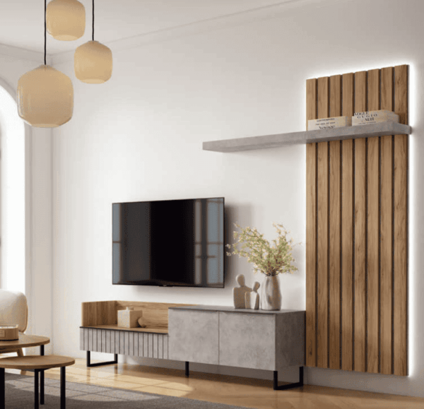 Mueble de salón Soma 03 de 280 cm con panel de listones | Byhom Málaga