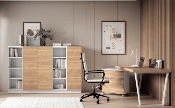 Mueble de oficina moderno con estanterías y almacenamiento