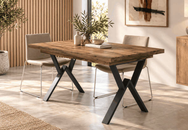 Mesa de comedor extensible de 140 a 220 cm con patas metálicas en X