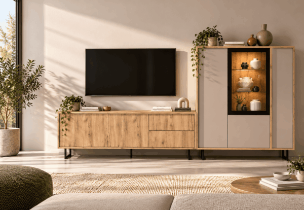 Mueble de salón moderno de 308 cm con vitrina de cristal y mueble TV