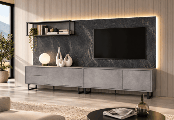 Mueble de salón moderno de 316 cm con panel para TV y estantería