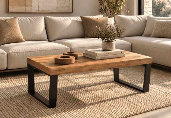 Mesa de centro moderna de 110×55 cm con patas metálicas negras