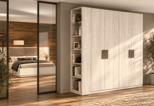 Armario de dormitorio de 228 cm con 4 puertas batientes y estantería lateral