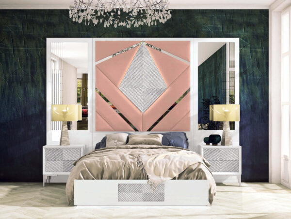 Dormitorio de matrimonio marmolizado y rosa